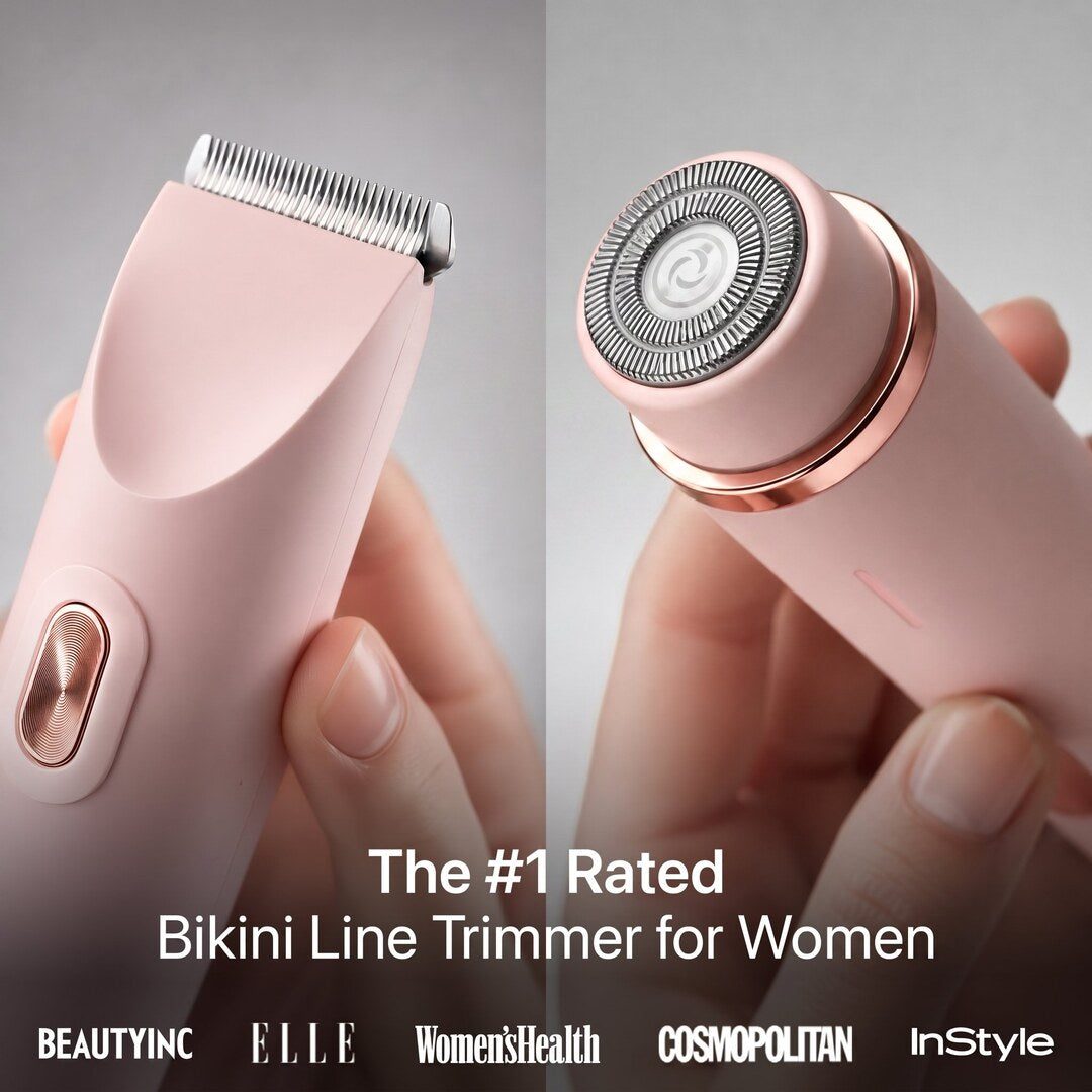 Dermave 2-in-1 trimmer shown from both sides, rated the #1 bikini line trimmer for women