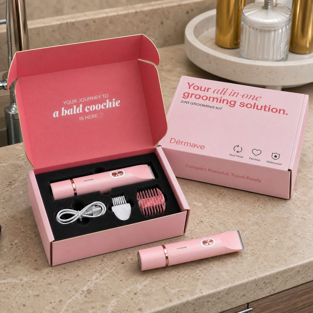 Dermave Trimmer 2.0 kit open on a bathroom counter next to its packaging