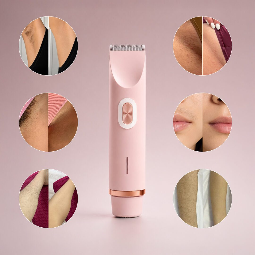 Dermave trimmer surrounded by close-ups of the sensitive areas it grooms: underarms, bikini line, upper lip, and legs